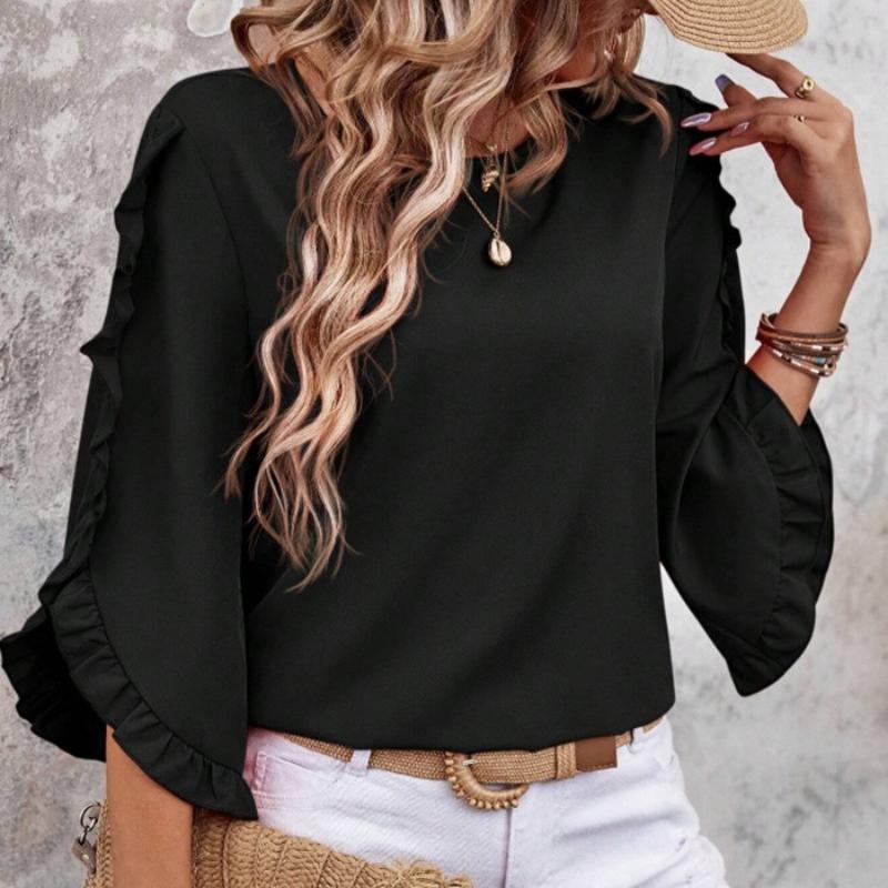 

Летние новые повседневные свободные рубашки с круглым вырезом и асимметричным кружевом для женщин, модные элегантные топы с оборками и коротким рукавом, женская винтажная приталенная рубашка 26602 XXL чёрный