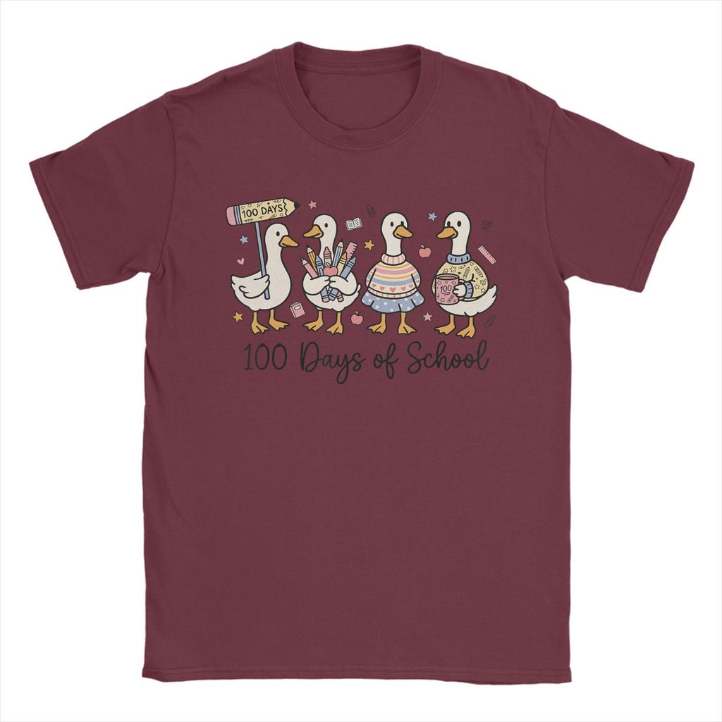 Vintage 100 Days of School Ducks Cute Goose Teacher 100th Day TShirts Unisex Round Collar Pure Cotton T Shirts Short Sleeve