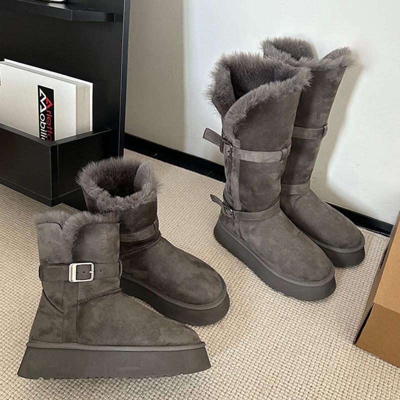 Gray snow boots women's new winter thick-soled heightening piled thickened long tube warm and non-slip cotton shoes