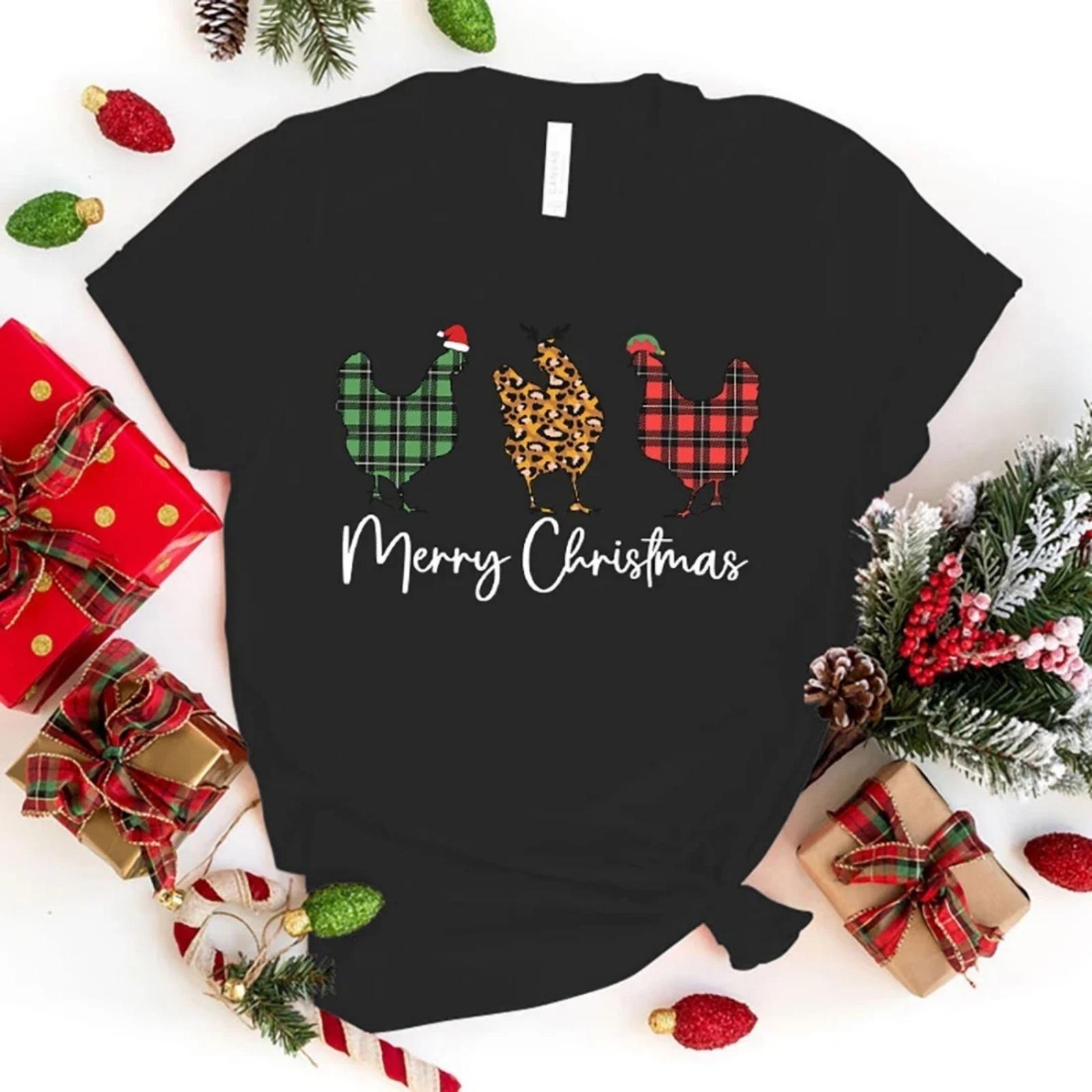 

Funny Merry Christmas Chicken Printed Shirt Women S Casual Personality T-Shirt Unisex Summer Cute Merry Christmas Chicken T-Shir XXXXXL чорний