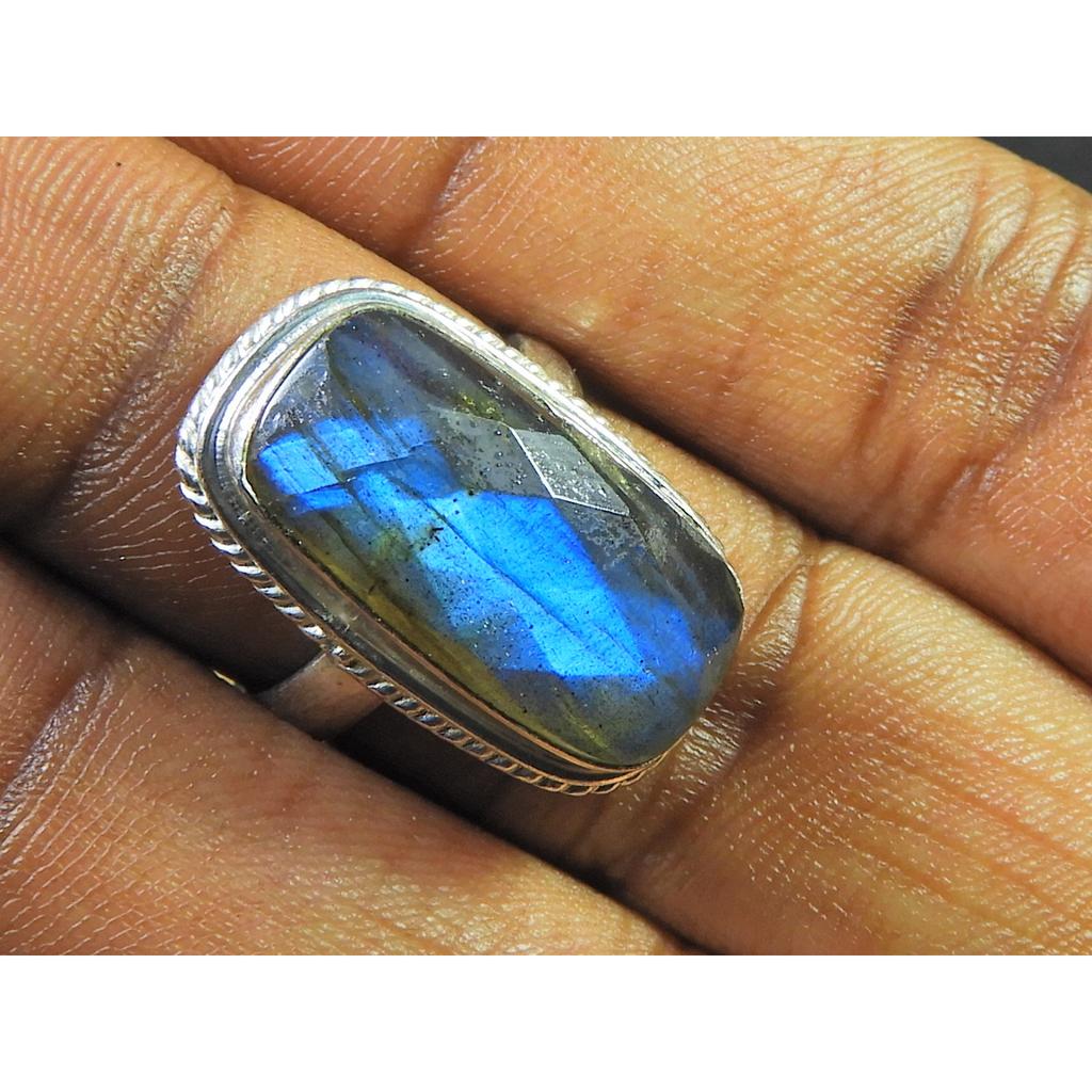 Natural Labradorite 925 Sterling Silver Octagon Handmade Vintage Ring US-7.5 MK-104