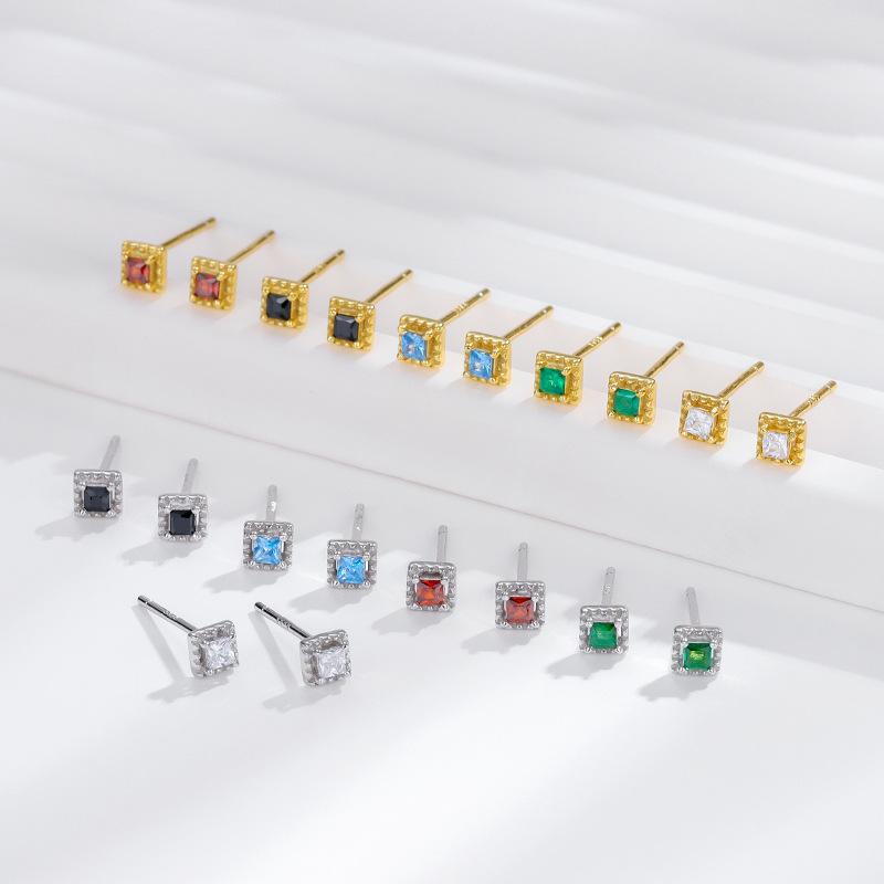 925 Sterling Silver Colorful Zircon Geometric Mini Stud Earrings for Women Hypoallergenic Jewelry Gift