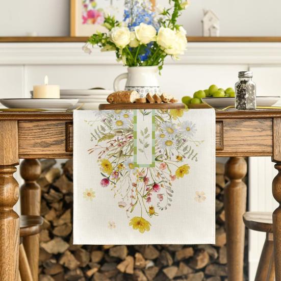 Floral Table Runner Spring Summer Linen Watercolor Flowers Plants Table Runner Machine Washable Table Protector for Home Farmhouse Dinner Party