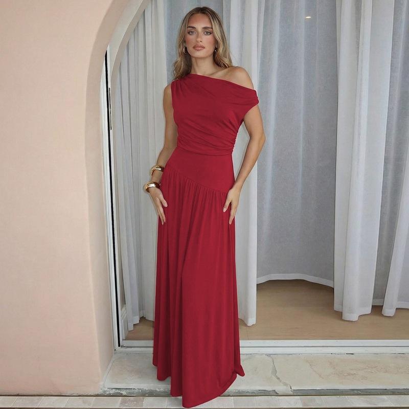 Summer New European and American Women's Clothing Temperament Solid Color Diagonal Collar Sleeveless Waist Thin Hip-wrapped Dress Women