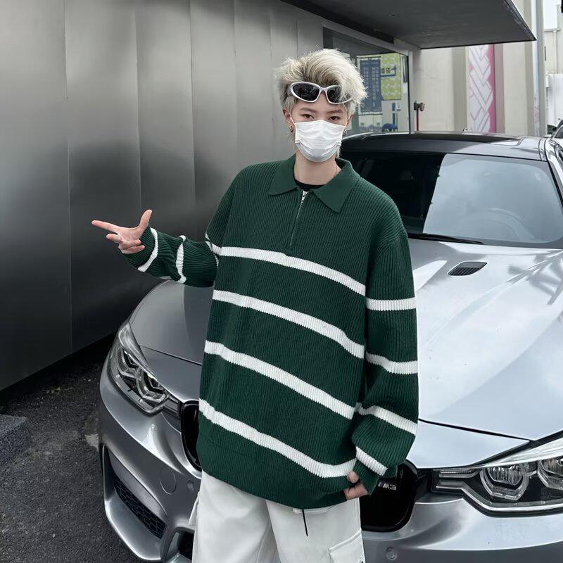 Men s Green Striped Half-Zip Loose Knit Sweater - Trendy Korean Style for Autumn XL зелёный