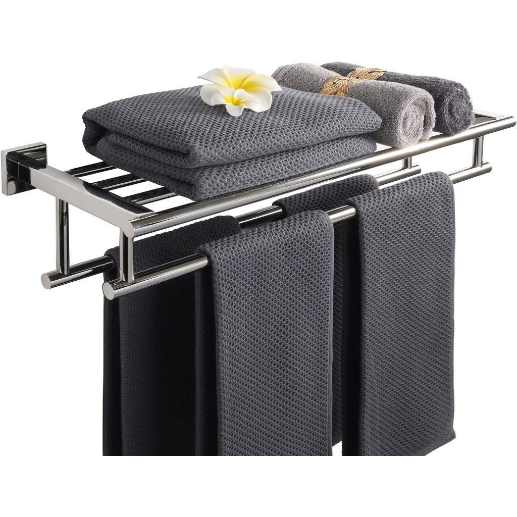 SUS 304 Stainless Steel Towel Rack Practical Double Bars Towel Shelf Household Bathroom Wall Mount Holder