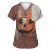 Women's Fashion Short Sleeve Halloween Print V-Neck Pocket Workwear Tops