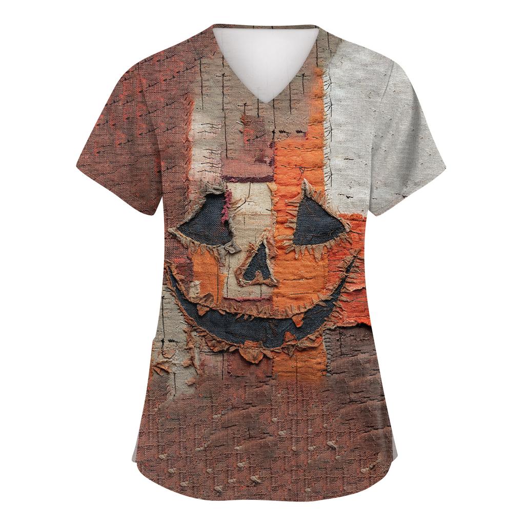Women's Fashion Short Sleeve Halloween Print V-Neck Pocket Workwear Tops