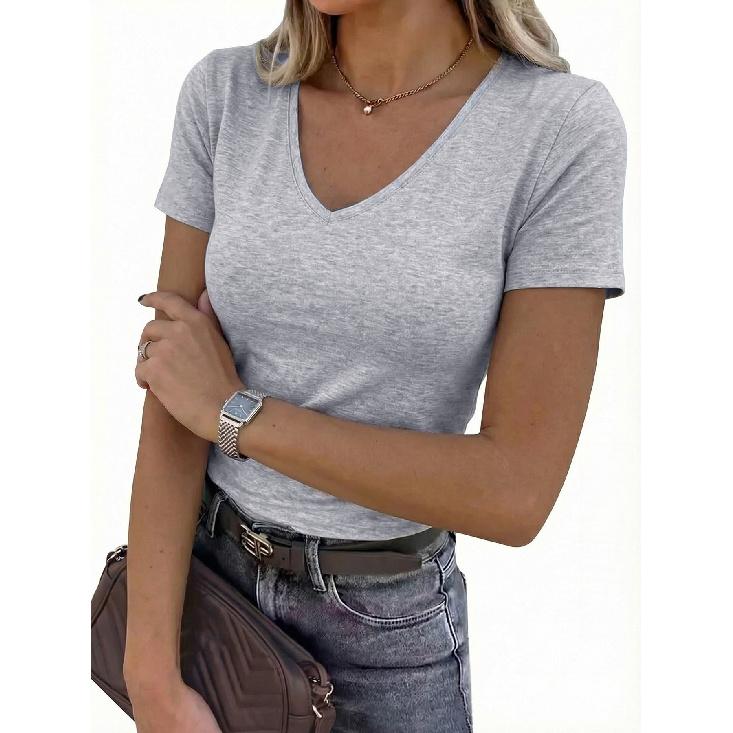 2026 New Women's Short-Sleeve Stretch V-Neck Slim Fit Casual Solid Color T-Shirt