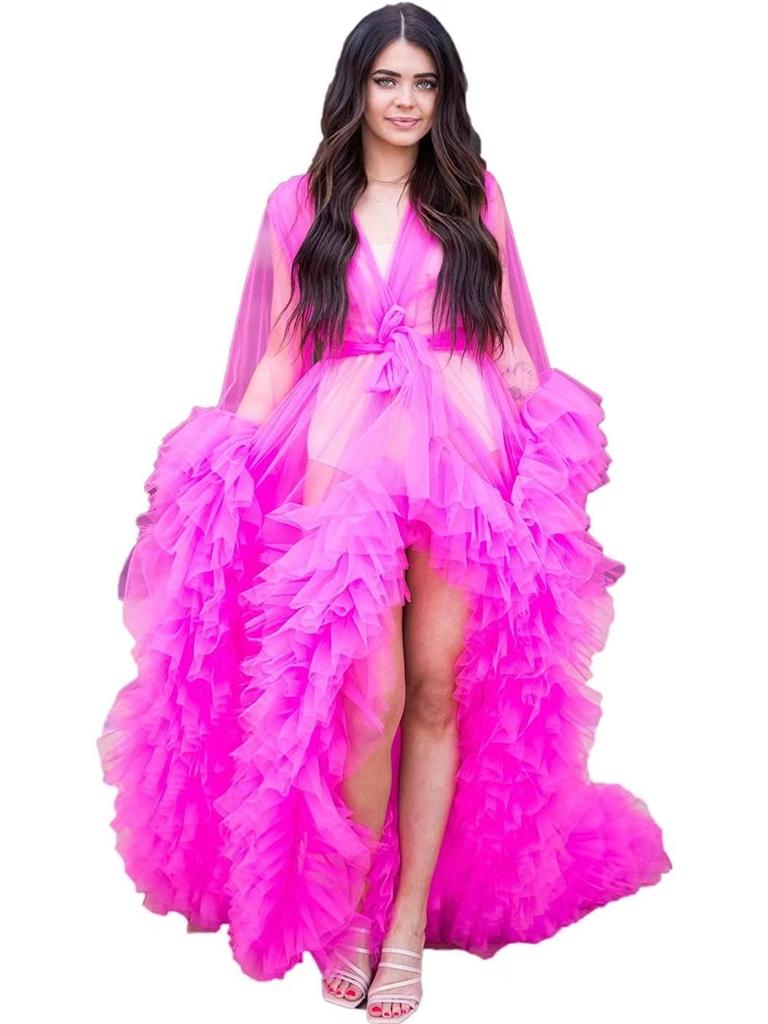 Cross-border Maternity Tulle Evening Gown with Ruffles and Shawl Cape