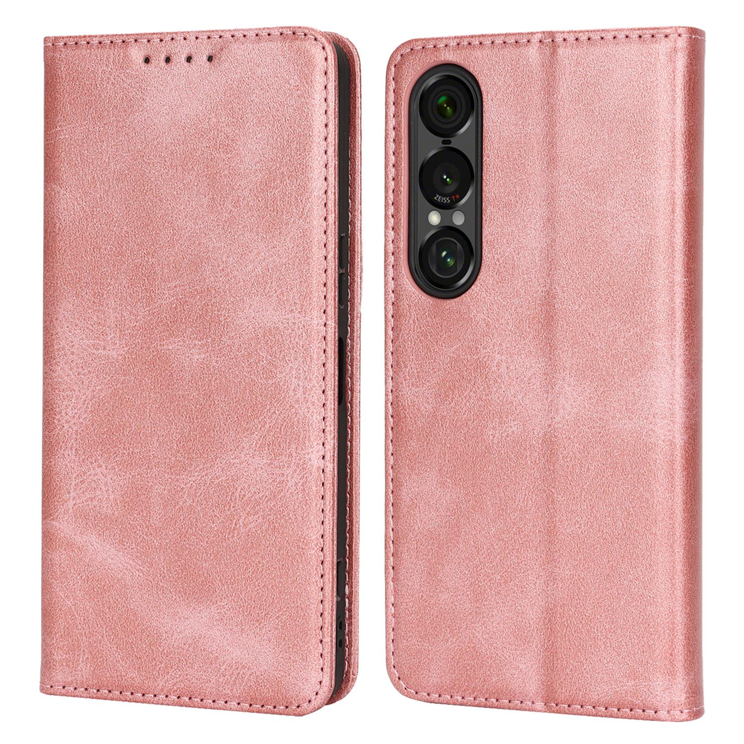 

For Sony Xperia 1 VII Case PU Leather Calf Textured Magnetic Closing Smart Phone Cover Rose Gold