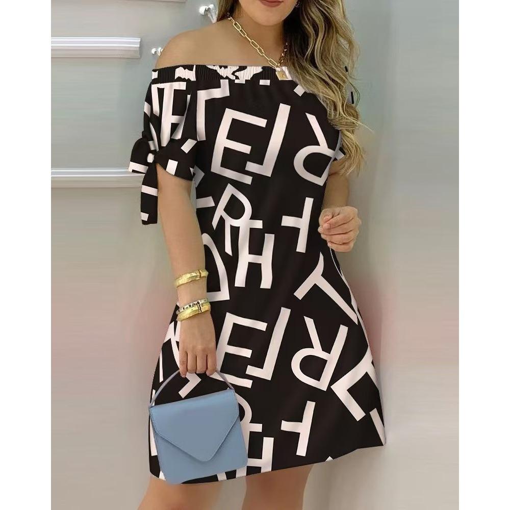 Women's Fashion Summer Spring Solid Color Print Short Sleeve One Shoulder High Waist Casual Dresses