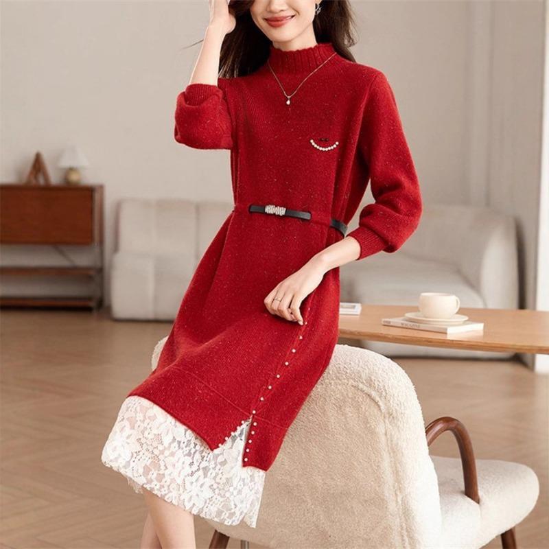 Elegant lace knitted dress autumn and winter new long bottom knee sweater  skirt with coat Buy cheaply on Joom