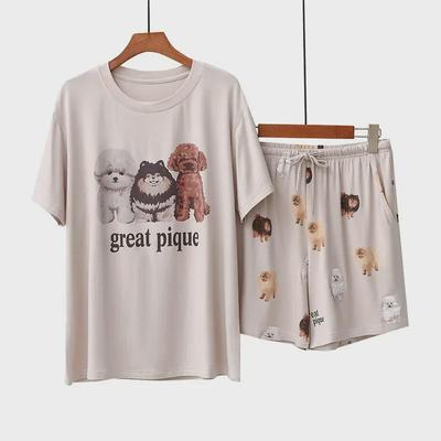 Pomeranian Cartoon Print Modal Pyjama Set - Dames Zomer Korte Mouwen, Lichtgewicht, Losse Fit Shorts voor Thuis