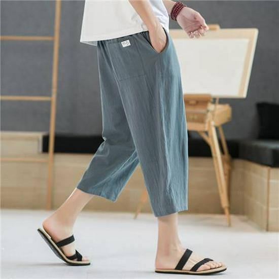 Men's Cotton and Linen Cropped Trousers - Lightweight Summer Casual Shorts for Middle-Aged and Elderly.