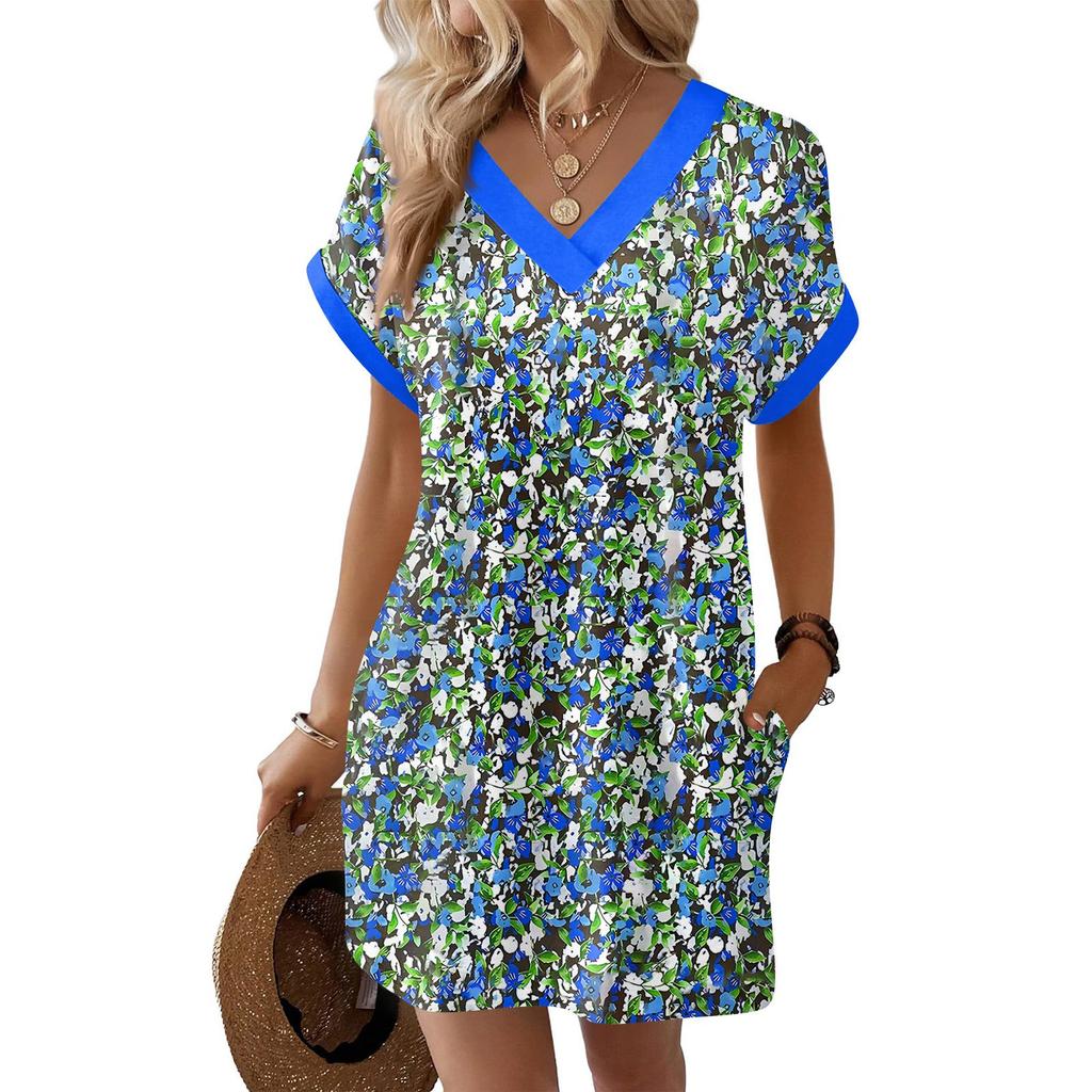 Women's Fashion Print V-Neck Short Sleeve Pocket Casual Pullover Dress