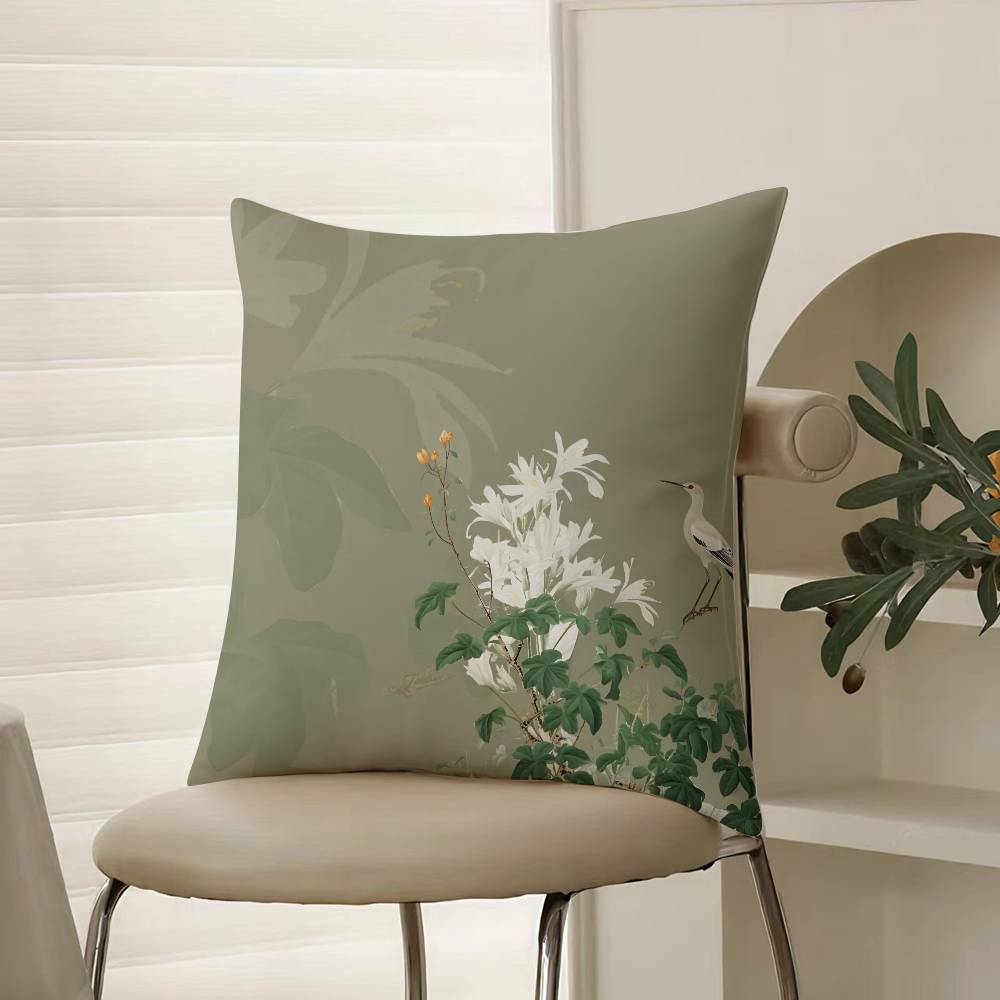 Chinese Style Simple Bird Flowers Pillow Case Comfort Sofa Bed Silky Elegant Invisible Zipper Decorative Cushion Cover