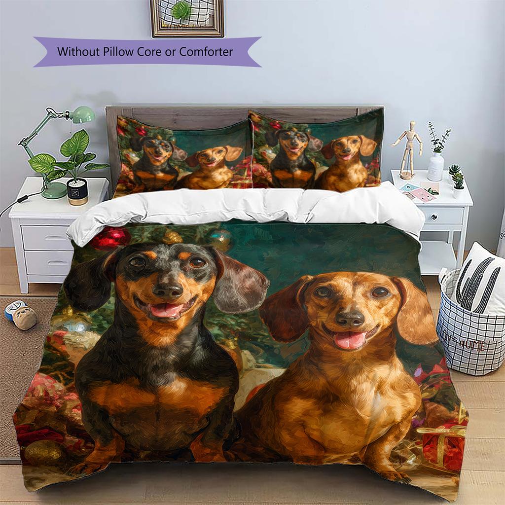 Happy Dachshund Pattern Bedding Home Decoration Birthday Gift (1 * duvet cover + 2 * pillowcase, without core)