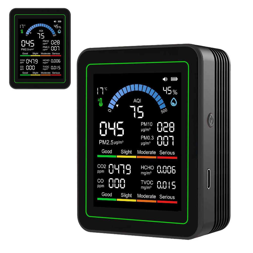 10-in-1 Luftqualitätsprüfer CO2 TVOC HCHO PM2.5 PM10 PM10 PM0.3 Tragbarer Luftdetektor Schwarz