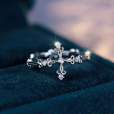 Anello croce minimalista intarsiato con zirconi per donna Anello nuziale da viaggio bohémien vintage delicato regalo di gioielli in argento
