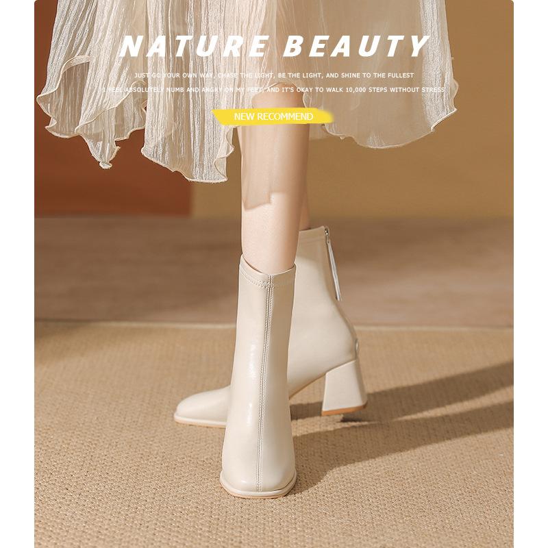 White short boots women's high heels 2025 autumn and winter new velvet square head thin boots medium thick heel short Martin boots