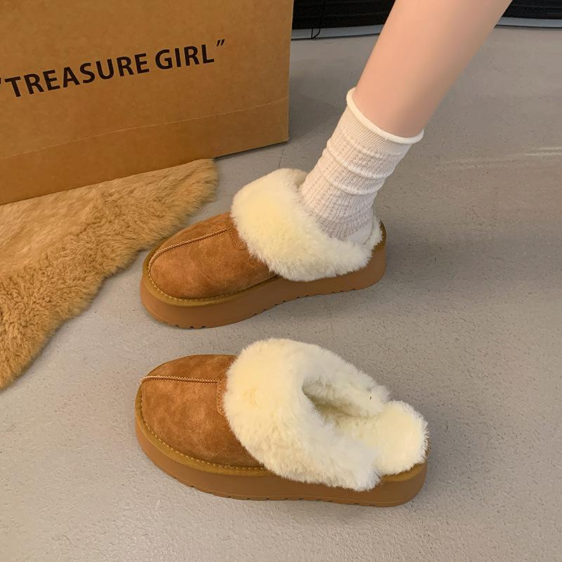 Women's Hairy Mouth Soft Bottom Large Size Thickened Winter Warm Fur One Padded Lining Ankle Boots Non-slip Baotou Cotton Half Slippers
