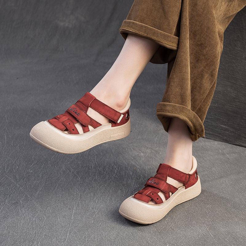 Summer Women's Roman Sandals Retro Worn High Heel Thick Sole Comfortable Breathable Leather Sandals