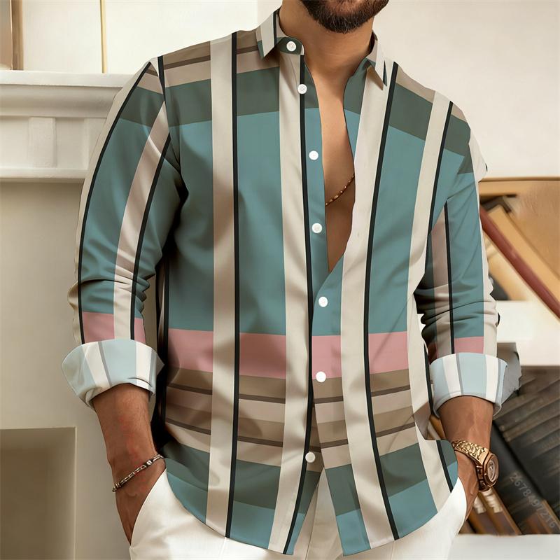 Men's Color-Blocked Striped Long-Sleeve Shirt, Retro Style Business Casual Shirt, Slim Fit Men's Trendy Top