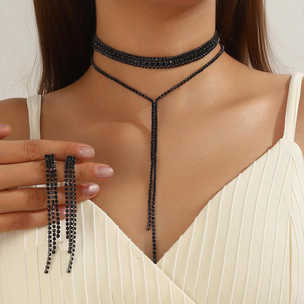European Exaggerated Rhinestone Tassel Collar Necklace