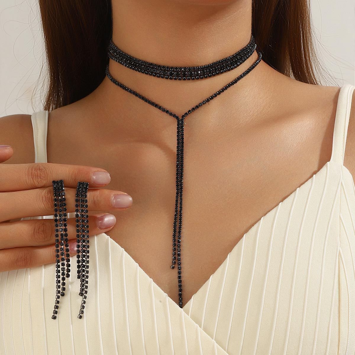 European Exaggerated Rhinestone Tassel Collar Necklace