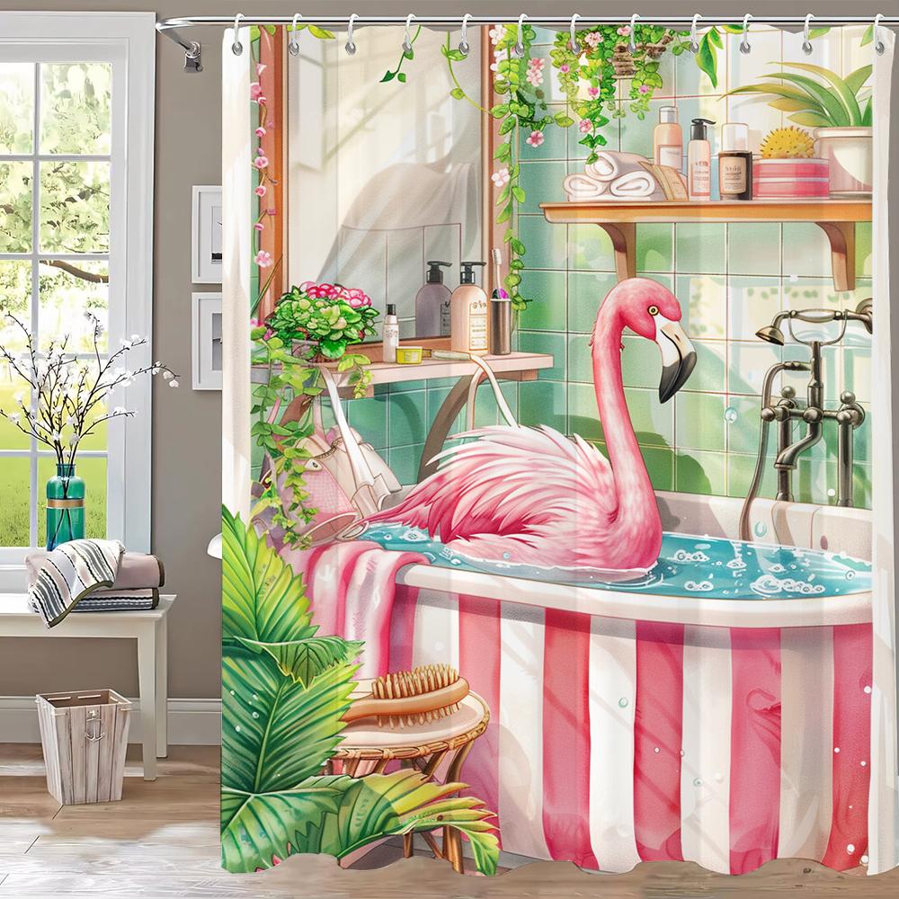 Flamingo Bathing In Pink Bathtub Shower Curtain, Floral Art Bathroom Decorative Curtain, Printed Polyester Curtain With Hooks