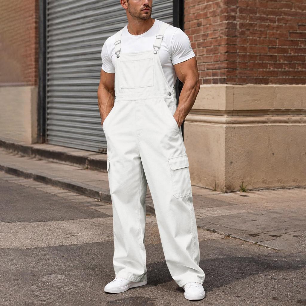 Men's Loose Fit Cargo Overalls Wide Leg Jumpsuit with Multi-Pocket Utility Storage