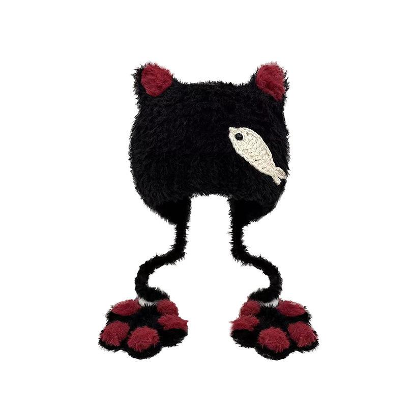 Cute Cat Claw Plush Hat for Women's Ear Protection Lei Feng Hat Knitted Cartoon Riding Warm Versatile Bag Head Hat Men