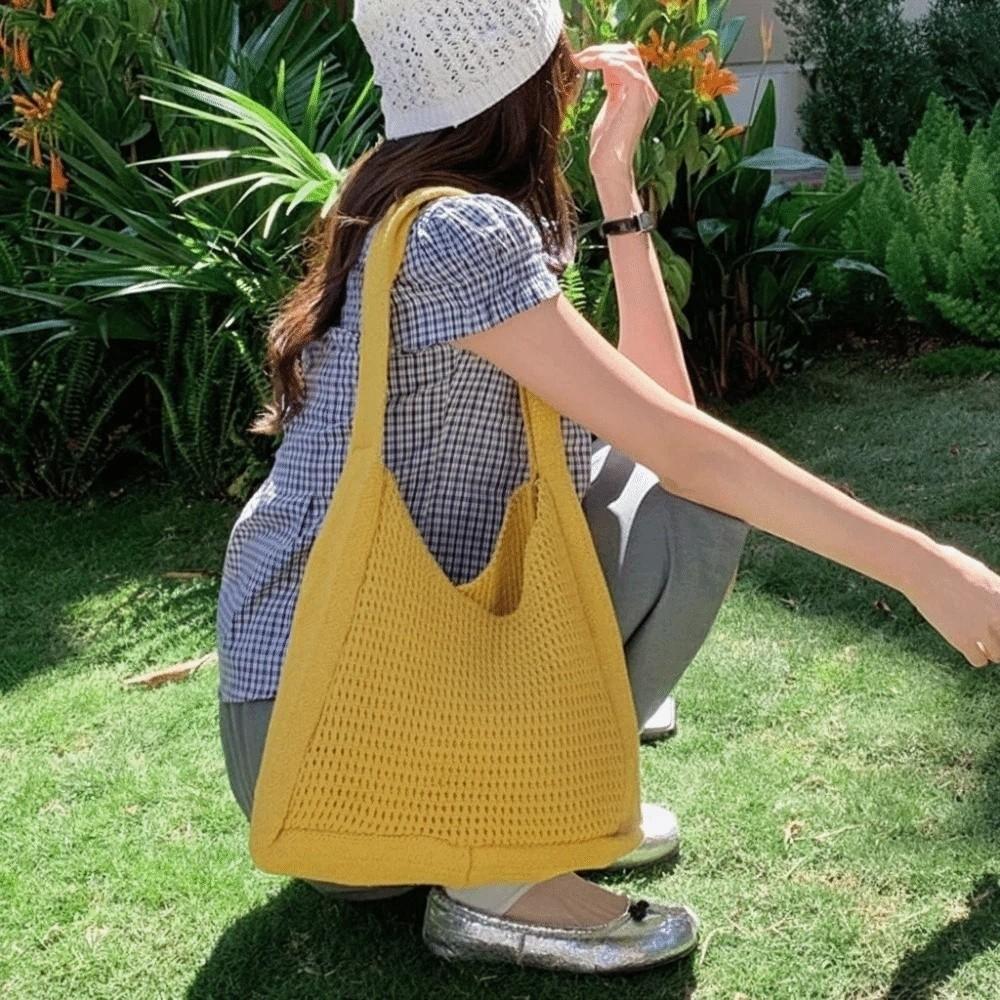 Sweet Knitted Tote Bag Breathable Seaside Vacation Handbag Trendy Crochet Shoulder Bag  Spring