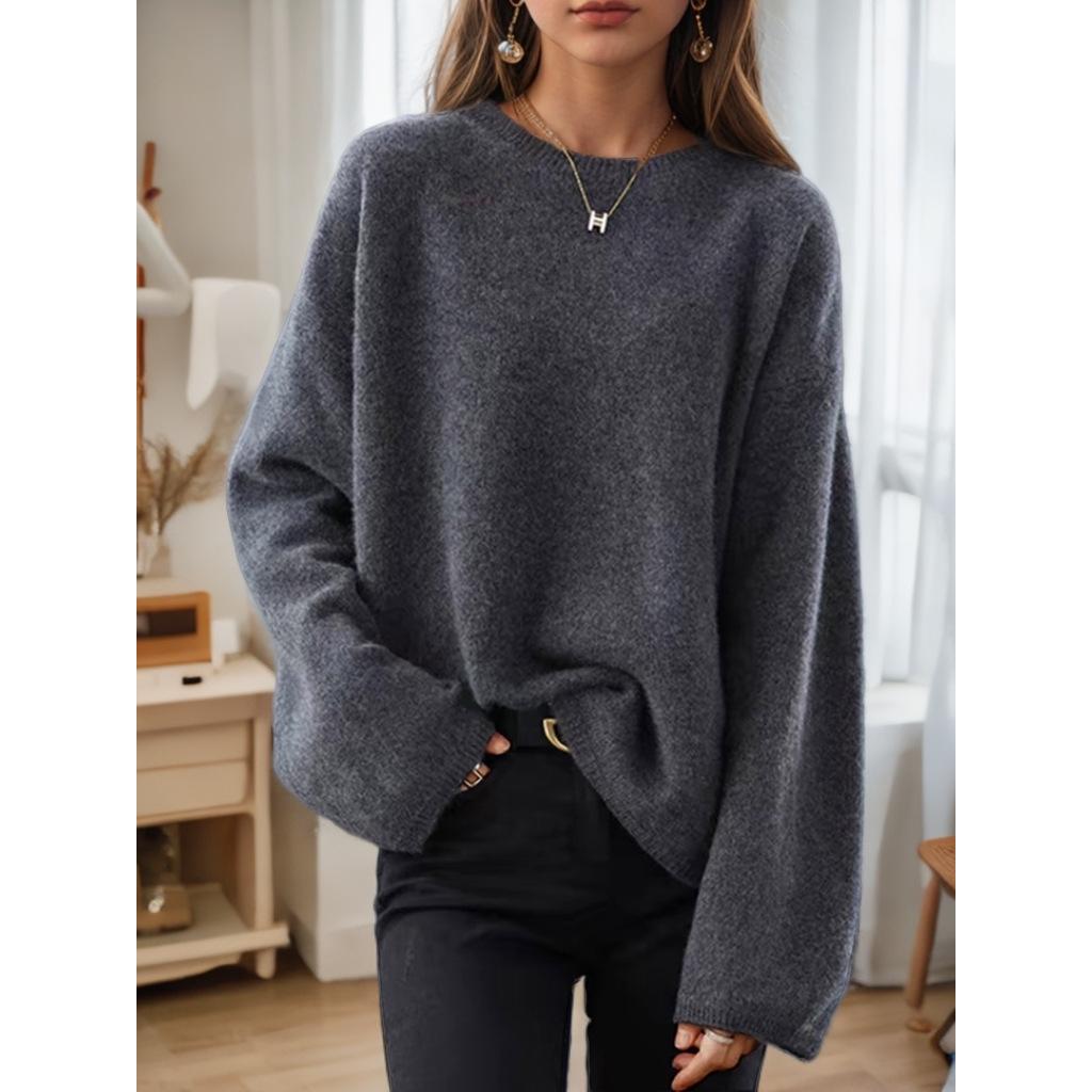 2026 Autumn/Winter Women's Loose Fit Drop Shoulder Knit Pullover Sweater - Solid Color