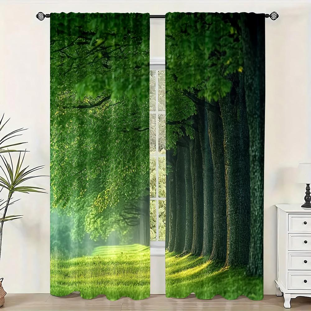 2pc,  Scene Curtains Forest1 Machine Washable Fabric,Without Electricity Spring Party & Holiday Decor Perfect for Holiday