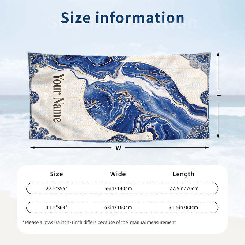 Blue Flowers Art Theme Quick Dry Beach Towel Custom Name Text Print Large Sand Resistant Towel Beach Vacation