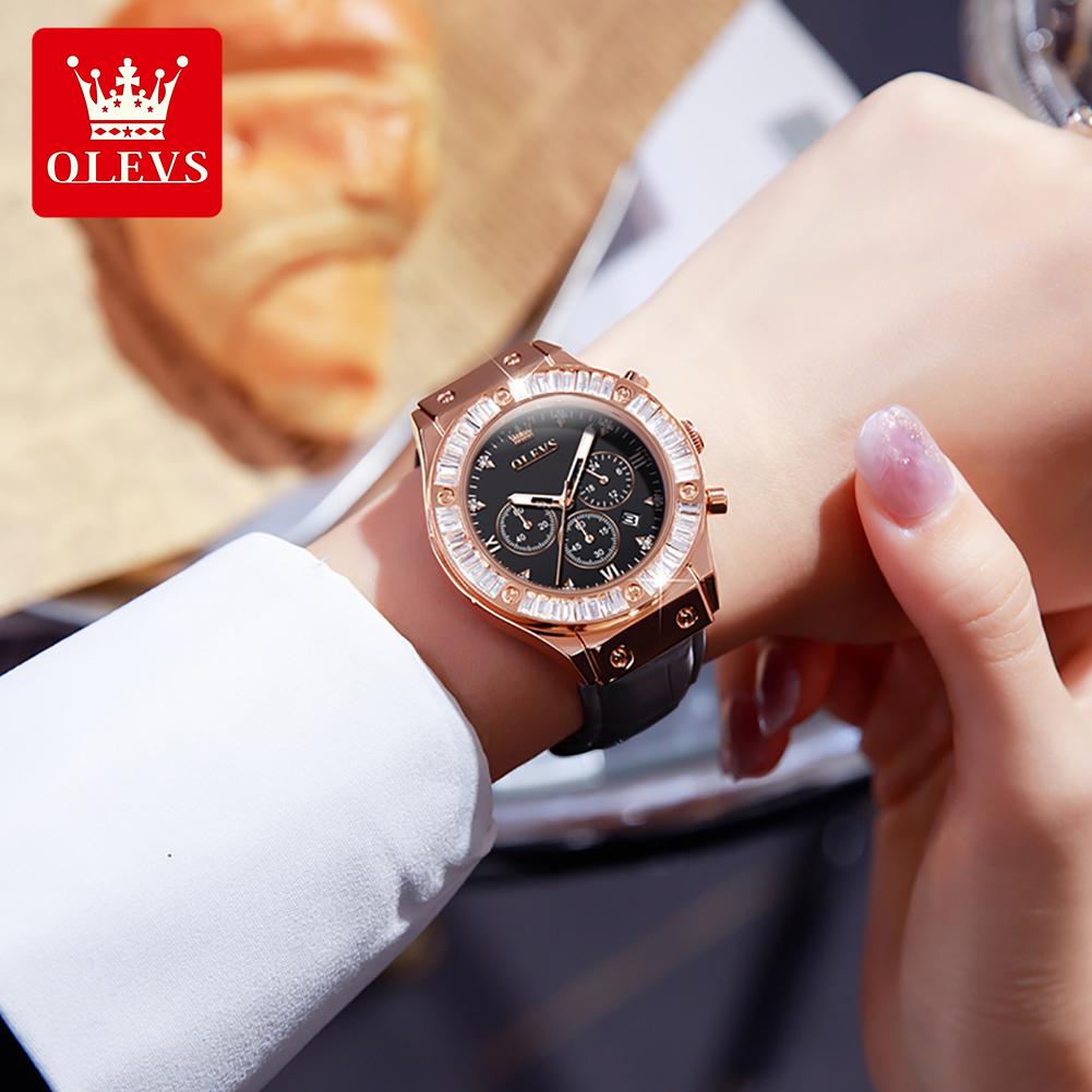 OLEVS 9978 Original Quarz Damenuhr Mode Lederarmband Luxus Diamantlünette Wasserdicht Leuchtend Chronograph Damenuhr
