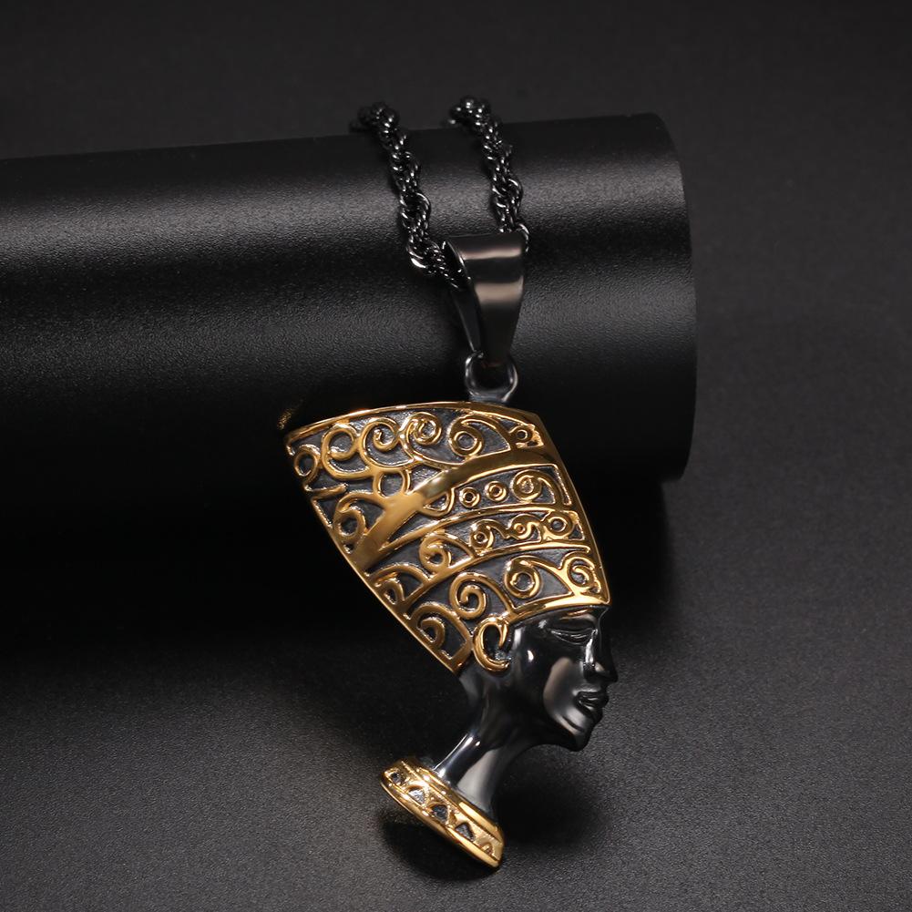 Trendy zlato černá s egyptským vzorem Přívěsek Kleopatra z nerezové oceli Studentský mužský a ženský oblíbený retro hip-hopový ornament