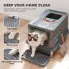 Stainless Steel Cat Litter Tray with Lid, XL 90L Enclosed Cat Litter Box with Step, Scoop, High Side, Dark Grey