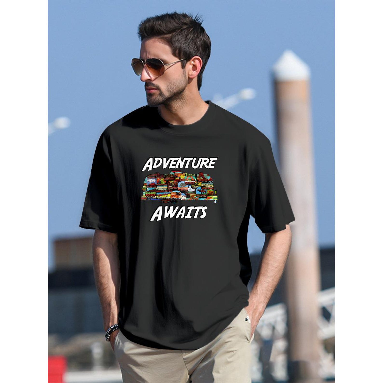 Adventure Awaits Shirt – Vintage Postcard Travel Tee – Road Trip Wanderlust M