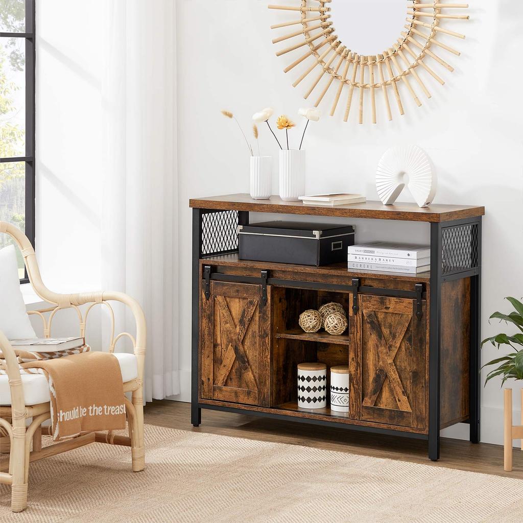 VASAGLE Dining Sideboard, Kitchen Cupboard, Storage Cabinet, Buffet Table with Sliding Barn Doors, Adjustable Shelf, Industrial, for Living Room