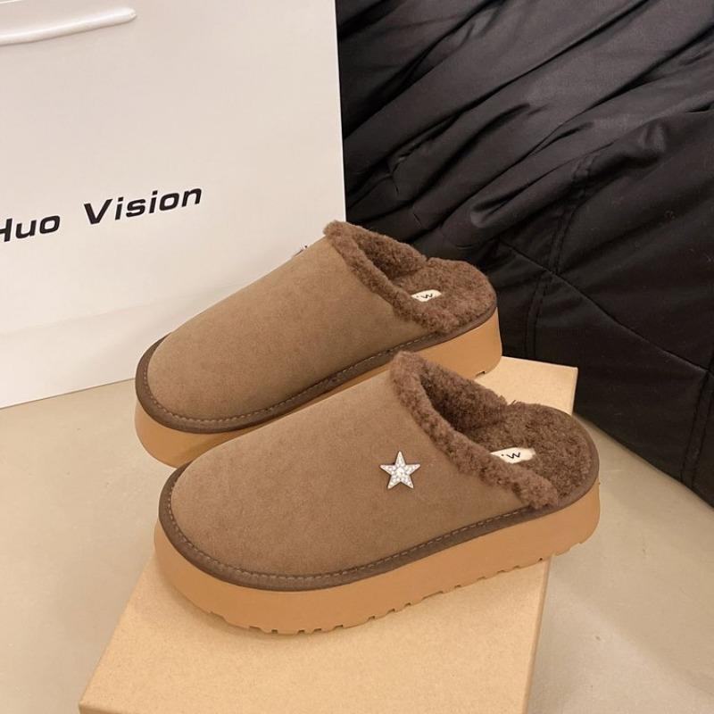 Fashion Women's Fashion Baotou Slippers Winter New Round Head Suede Deep Mouth Thick Sole Anti-slip Wear-resistant Flat Cotton Shoes