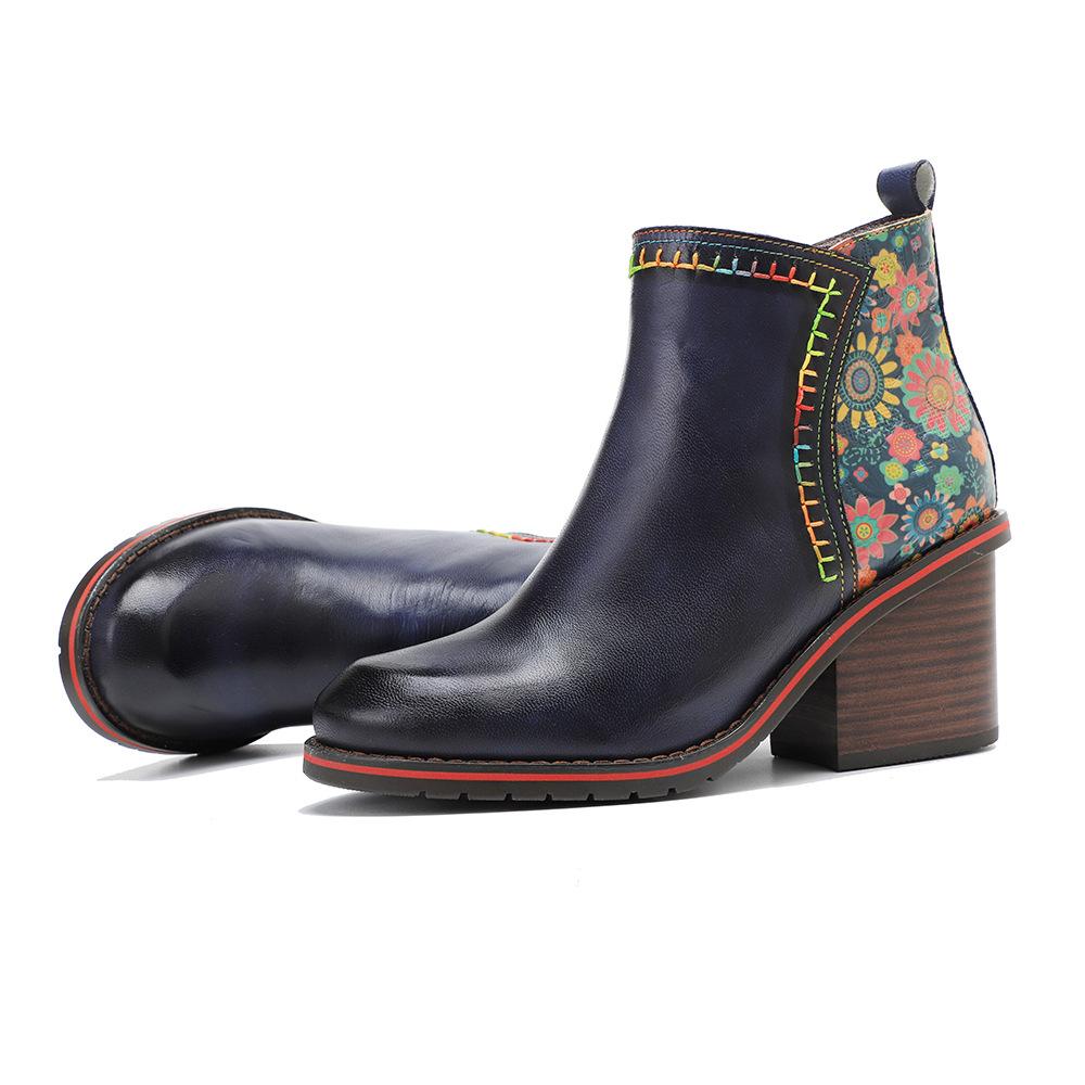 Johnature Genuine Leather Women Shoes Thick Heeled Short Boots  Round Toe Patchwork Handmade Ankle Boots