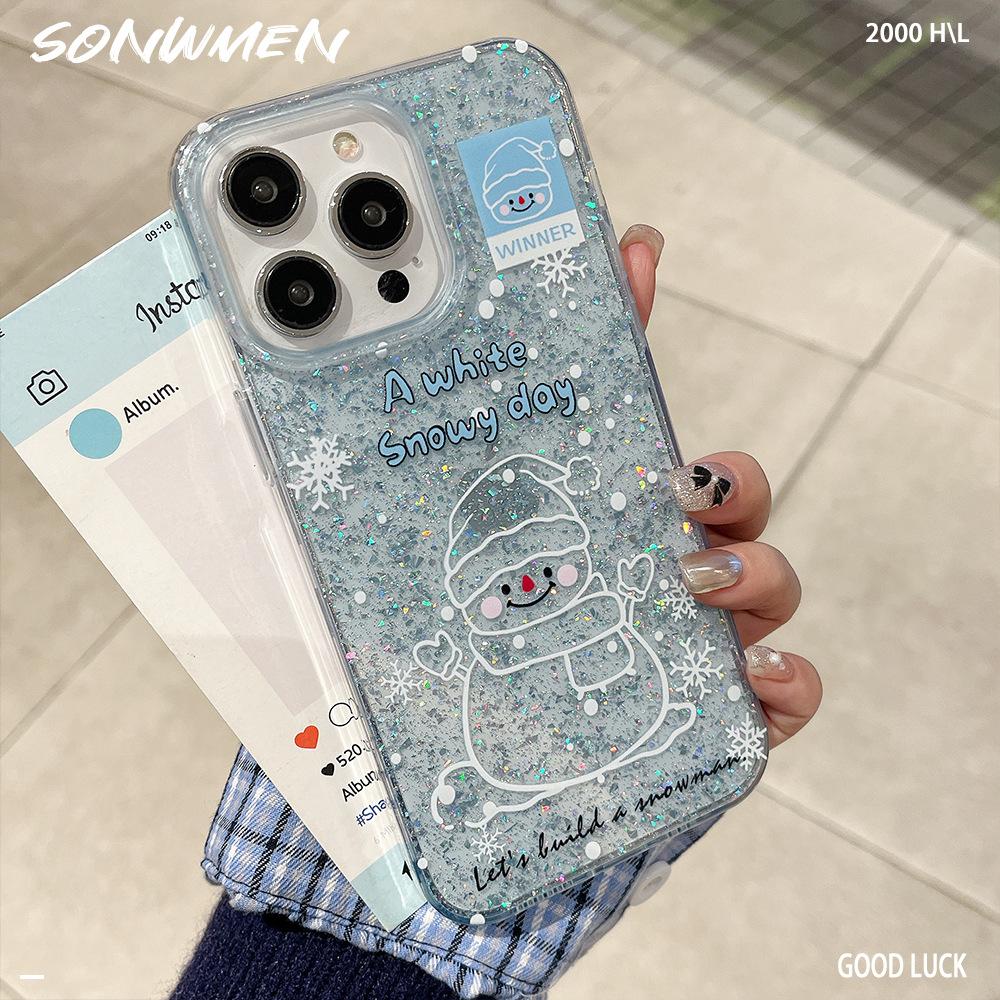 Painted Atmosphere  Quicksand  Snowflake  Penguin Apple 15pro Glitter Powder Glue IPhone 16Pro Blue Phone Case