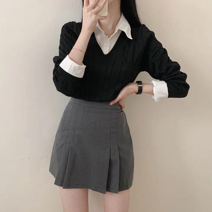 Svetr pletený patchworkovým stylem v korejském stylu s košilovým límcem - Dámský zeštíhlující podzimní pulovr