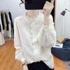 Women's Elegant Embroidered Lace Blouse Vintage Ruffled Stand Collar Long Sleeve Button Up Shirt Casual Office Top