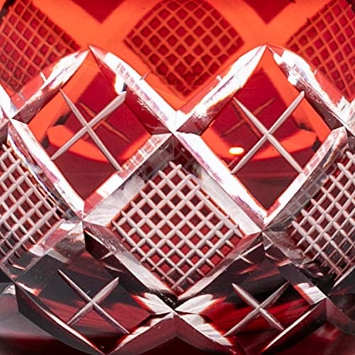 [Official Taiburo Workshop] Edo Kiriko Yarai Nanko Crest Sake Cup (Red) TB90232R, Wooden Box, Made In Japan