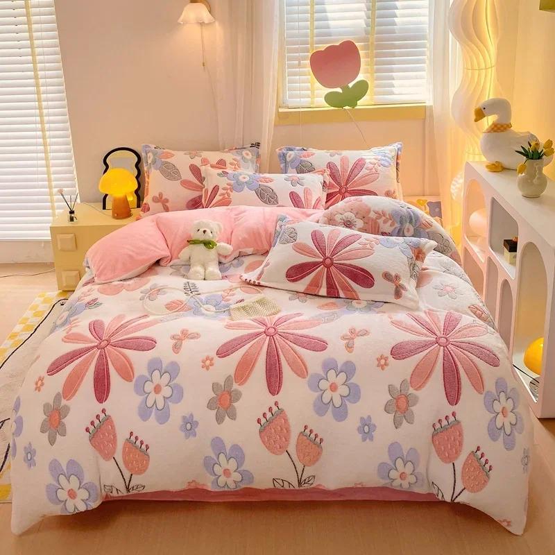 Winter Flannel Duvet Cover Rainbow Dual-color Soft Warm Quilt Cover Cozy Thick Comforter Cover for Adults Children Queen King