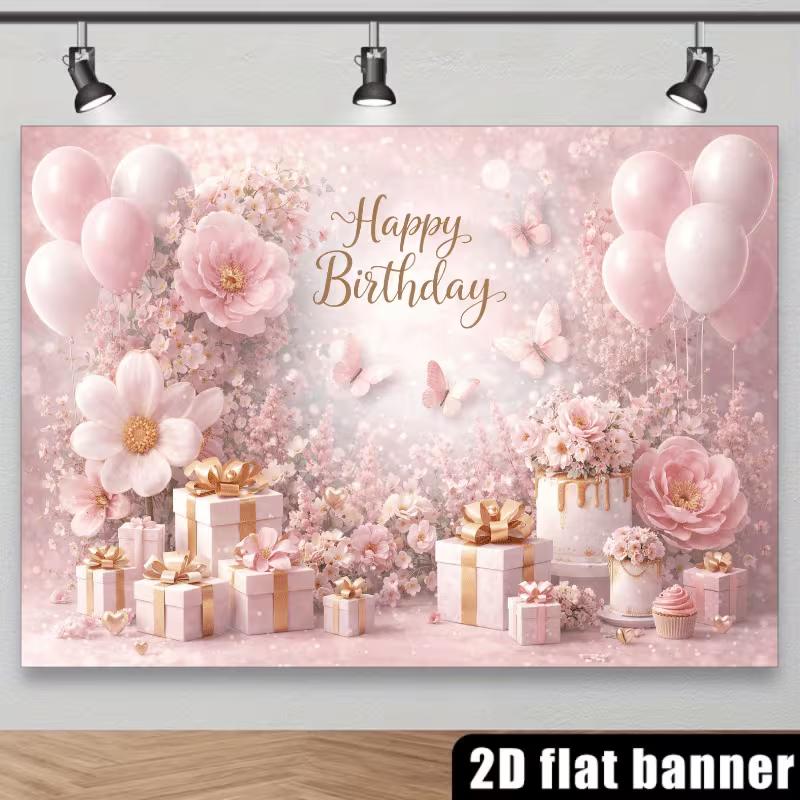 2D Spring Floral Butterfly Happy Birthday Backdrop Banner Party Decoration